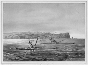 Inhabitants of Ounalacheka with their canoes (Aleutian Islands), 19th century. Creators: Friedrich Heinrich Kittlitz, Victor Adam, Godefroy Engelmann, Leon Jean-Baptiste Sabatier.