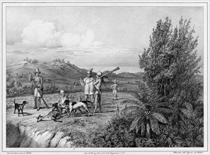 Hunting the Stag of the Mariana Islands, Guam Island, 19th century. Creators: Friedrich Heinrich Kittlitz, Godefroy Engelmann, Louis Jules Federe Villeneuve, Emile-Charles Wattier.