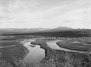 View of town, mountains and streams, between c1900 and c1930. Creator: Unknown.