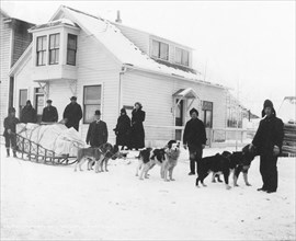Dog team and Dr. Sutherland's party ready to leave Fairbanks for Kantishna, between c1900 and 1927. Creator: Unknown.