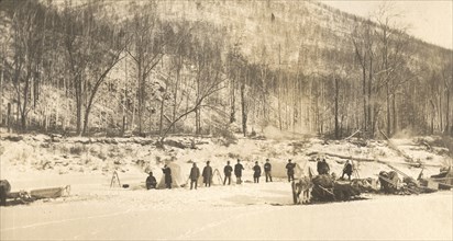 View of the caravan (camp) of the exploration party on the ice of the Zeya River, 1909. Creator: Vladimir Ivanovich Fedorov.