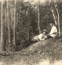 Survey engineers N.N. Vylezhinsky and A.M. Vikhman on vacation in the forest, 1909. Creator: Vladimir Ivanovich Fedorov.