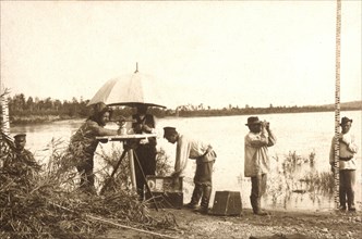 Carrying out a scale survey on the banks of the Zeya River, 1909. Creator: Vladimir Ivanovich Fedorov.