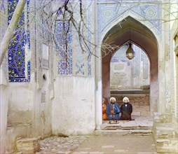 At entrance to upper chartak (canopy) of Shakh-i Zindeh, Samarkand, between 1905 and 1915. Creator: Sergey Mikhaylovich Prokudin-Gorsky.