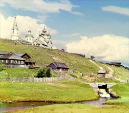 Village of Deviatiny and the Saint Boris dam [Russian Empire], 1909. Creator: Sergey Mikhaylovich Prokudin-Gorsky.