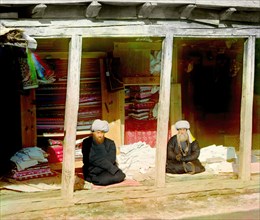 Fabric merchants in the Registan, Samarkand, between 1905 and 1915. Creator: Sergey Mikhaylovich Prokudin-Gorsky.