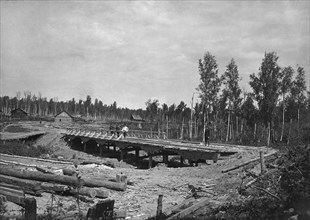Construction of a Bridge 18 Sazhens Long Across the Khilok River on the Povarenskaia Road, 1909. Creator: Dorozhno-Stroitel'nyi Otdel.