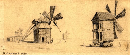 Windmills on the Baraba Steppe near Omsk, 1904. Creator: Boris Vasilievich Smirnov.