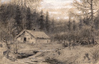 A Lodge in the Taiga near the Village of Baranchiki by the Baikal Station. Workers Building..., 1904 Creator: Boris Vasilievich Smirnov.