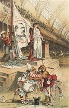 Um dieses Banner düfen die Unabhängigen sich scharen. Cartoon from Puck, between 1880 and 1889. Creator: Joseph Keppler.