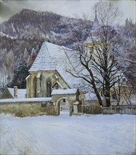 Winter in Rosenthal near Kapellen (Styria) with an old Gothic church, 1915. Creator: Georg Holub.