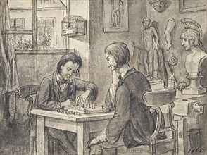 The chess players in the sculptor's studio, around 1870. Creator: Joseph Eugen Horwarter.