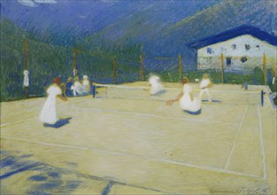 Tennis court in Gossensass, 1908. Creator: Ludwig Ferdinand Graf.