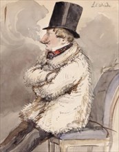 Man in fur jacket and top hat sits at the far end of a chair "L. Wiede". (c1850s). Creator: Fritz von Dardel.