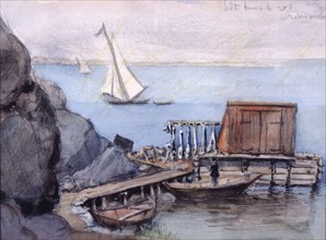 Dock with shed, boats. (c1860s). Creator: Fritz von Dardel.