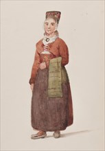 Apparel -  Woman from the front in full figure, Häverö suit, 1830-1868. Creator: Josef Magnus Shore.
