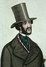 Bearded man wearing tall hat and coat with wide lapels, 1843.  Creator: Unknown.