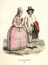 Man and woman in wedding clothes from Vingåker, Södermanland, "Sandberg / Forssell". Creator: Unknown.