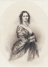 Three-quarter profile portrait of woman in dress with thin patterned shawl, probably 1840s.  Creator: Unknown.
