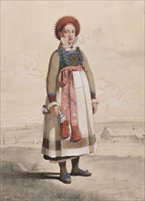Standing woman in full figure with white apron and woven ribbons, 1810-1857.  Creator: Otto Wallgren.