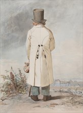 Man in costume with white coat, hat and cane, standing full-length, back view, 1810-1857.  Creator: Otto Wallgren.