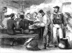 The Reinforcements for Canada: dinner-time and serving out of the grog on board a troop..., 1862. Creator: Unknown.