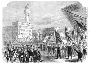 Trades demonstration at Florence against the temporal power of the Pope, 1862. Creator: Unknown.