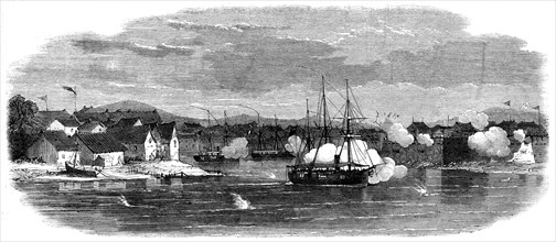 The Capture of Ningpo: bombardment of Point Battery and East Gate, 1862. Creator: Unknown.