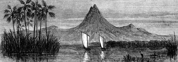 The gig and whaler H.M.S. Gorgon off the high hill of Makanga, in the River Sheri, 1862. Creator: Unknown.