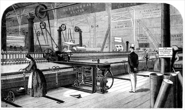 Cotton manufacture: Platt's self-acting mule, or cottonspinning machine, 1862.  Creator: Unknown.