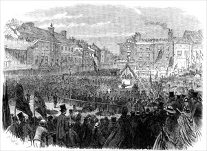 The Preston Guild Festival: the mayor laying the foundation-stone of the...new townhall, 1862. Creator: E. Skill.