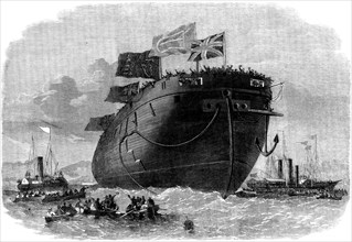 The new iron-clad fleet: launch at Chatham Dockyard of H.M.S. frigate Royal Oak, 50 guns, 1862. Creator: Unknown.