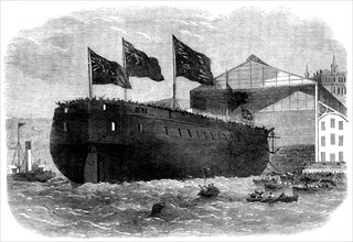Launch of Her Majesty's armour-plated screw-frigate Caledonia, 31 guns, at Woolwich..., 1862. Creator: Unknown.