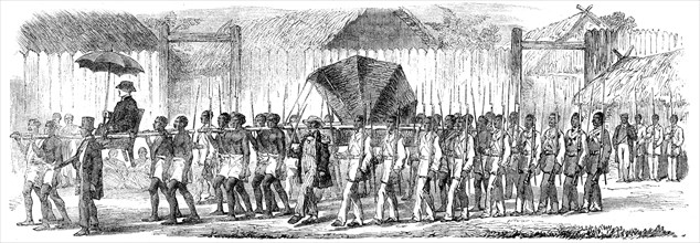 Procession of the British Envoys to Madagascar from the seashore to the Fort of Tamatave..., 1862. Creator: Unknown.