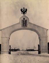 Wooden triumphal arch built for the departure of Tsesarevich Nicholas Alexandrovich...., 1894. Creator: Unknown.