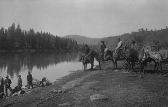 The Land-Management Expedition Boats and Horses on the Mrassu River Shore, Near the Ulus..., 1913. Creator: GI Ivanov.
