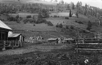 Farm Structures in the Ulus Kumys and a Ploughed Field on the Slope, 1913. Creator: GI Ivanov.