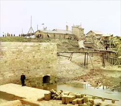 Dam's slender abutment and part of the finished sill, Beloomut, 1912. Creator: Sergey Mikhaylovich Prokudin-Gorsky.
