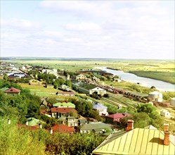 View of the railroad, city of Vladimir, Klyazma River, and water-meadows, 1911. Creator: Sergey Mikhaylovich Prokudin-Gorsky.