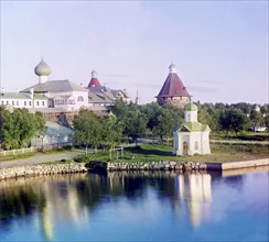 View of the [Solovetskii] monastery from the inn, Solovetski Islands, 1915. Creator: Sergey Mikhaylovich Prokudin-Gorsky.