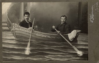 Two Men in the Boat "Rusalka" ("Mermaid"), 1916. Creator: G. I. Tkachenko.