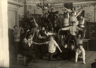 In dorm - Drama club (GOSET artist - Comrade Shteiman), Jewish printing school, Moscow, 1922-1923. Creator: Unknown.