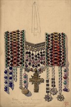 Jewelry made from beaded ribbon with a cross (Stepan Suturov's wife), Selkups, 1920. Creator: A. G. Vargin.