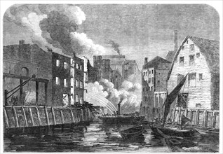 Scene of the fire at Dockhead, Bermondsey, sketched on Saturday morning, 1864. Creator: Unknown.