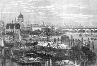 The Thames Embankment Works, viewed from King's College, 1864. Creator: Mason Jackson.
