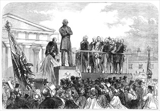 Lord Palmerston inaugurating the statue of the late Sir G. C. Lewis at Hereford, 1864. Creator: Unknown.