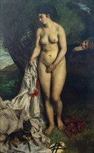 Bather with a Griffon Dog - Lise on the Bank of the Seine, 1870. Creator: Renoir, Pierre Auguste (1841-1919).