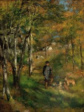 The painter Jules Le Coeur and his dogs in the forest of Fontainebleau, 1866. Creator: Renoir, Pierre Auguste (1841-1919).