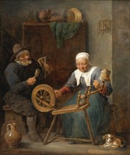 An Elderly Couple Spinning Wool in an Interior , 17th century. Creator: Teniers, David, the Younger (1610-1690).