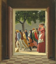 View through a door to running figures, 1845. Creator: Eckersberg, Christoffer-Wilhelm (1783-1853).